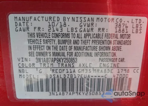 2019 Nissan Sentra Sv from USA, damaged, VIN 3N1AB7AP9KY250853